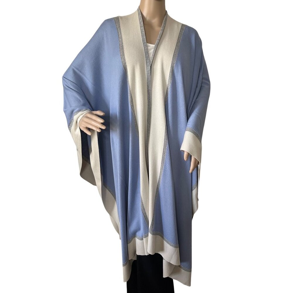 Luxurious Poncho Wrap 100% Silk Contrast Trim In Blue & Cream